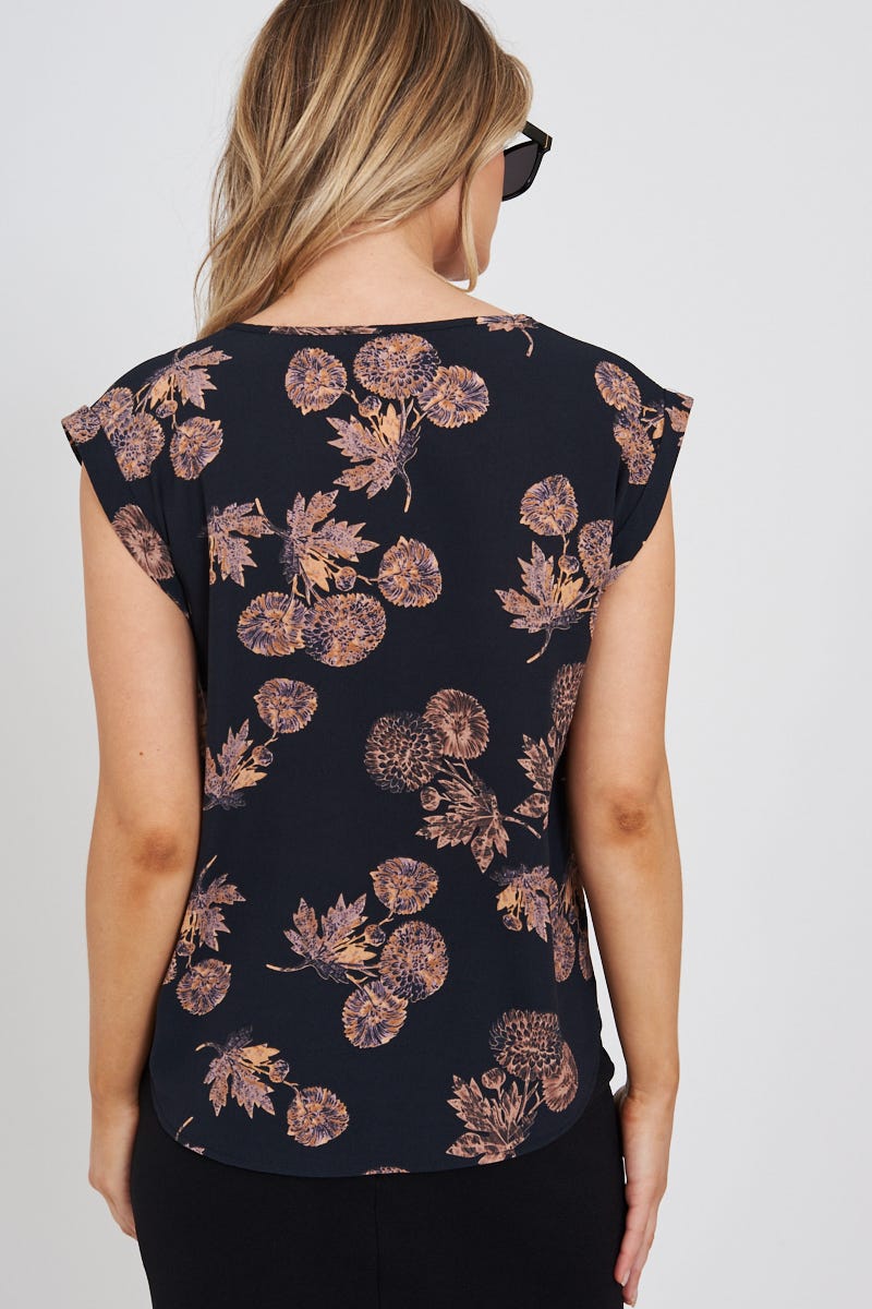 Rejina Top in Charcoal with Apricot Floral