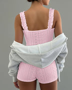 2 Pieces Outfit Square Neck Frill Straps Tied Detail Cami Top and Elastic Waist Shorts Set Slim Fit Hollow-out Jacquard Textured Knit Pajamas Set