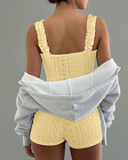 2 Pieces Outfit Square Neck Frill Straps Tied Detail Cami Top and Elastic Waist Shorts Set Slim Fit Hollow-out Jacquard Textured Knit Pajamas Set