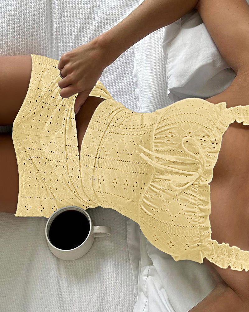 2 Pieces Outfit Square Neck Frill Straps Tied Detail Cami Top and Elastic Waist Shorts Set Slim Fit Hollow-out Jacquard Textured Knit Pajamas Set